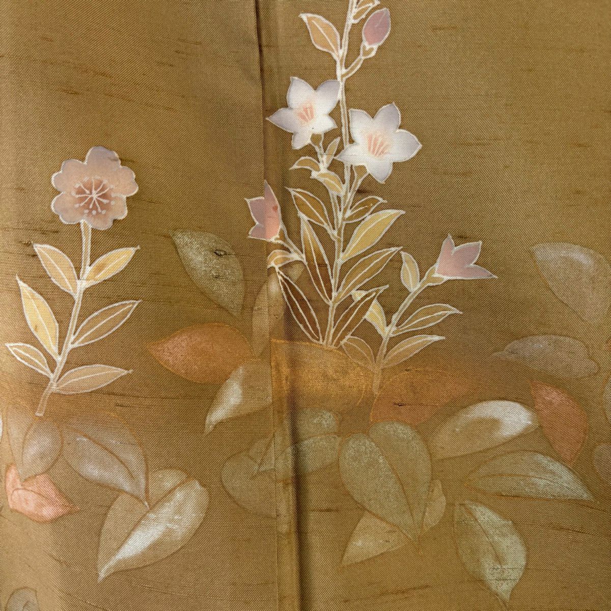 【美品】訪問服 身長172cm 袖長65.5cm M 雙層 牛首紬織織 落款あり 桔梗 草花紋紋 漸層 金彩裝飾 茶 純蠶絲 逸品級