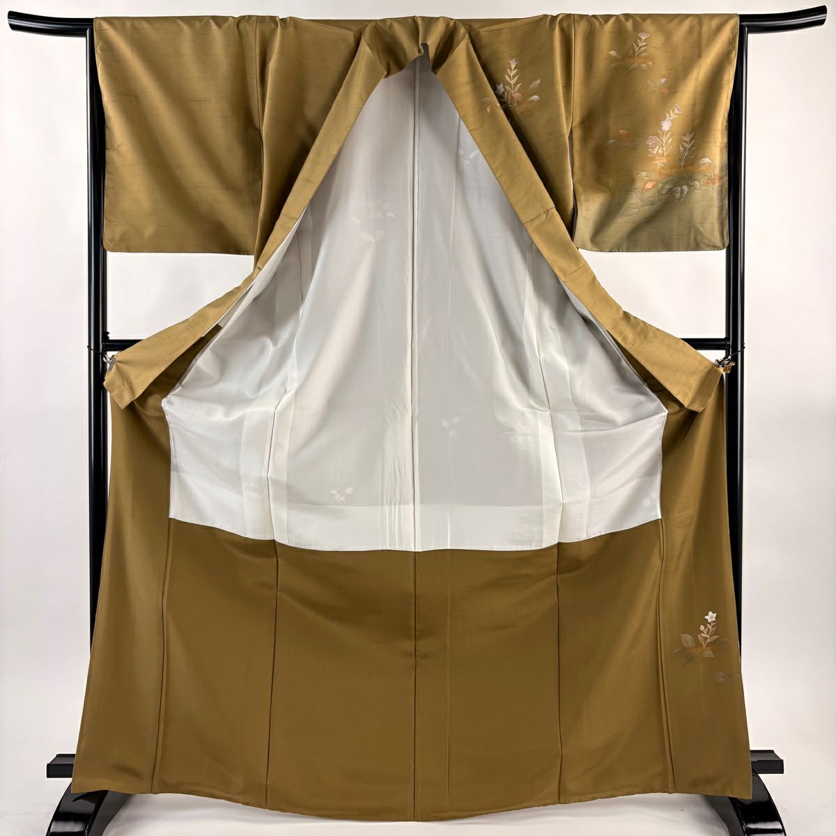 【美品】訪問服 身長172cm 袖長65.5cm M 雙層 牛首紬織織 落款あり 桔梗 草花紋紋 漸層 金彩裝飾 茶 純蠶絲 逸品級