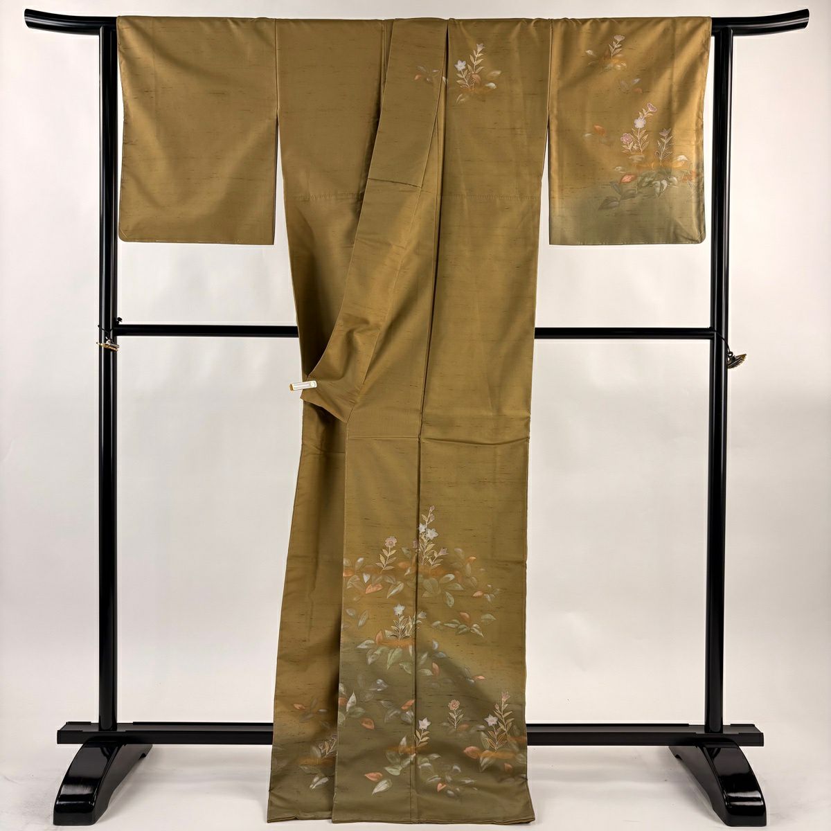 【美品】訪問服 身長172cm 袖長65.5cm M 雙層 牛首紬織織 落款あり 桔梗 草花紋紋 漸層 金彩裝飾 茶 純蠶絲 逸品級