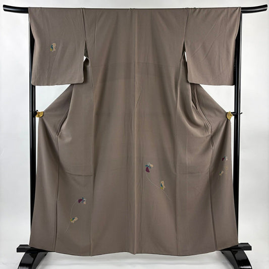 【美品】 付下 身長161cm 袖長66cm M 雙層 辻村ジュサブロー 落款あり 蛇 猪 縮緬 灰茶 純蠶絲 逸品級