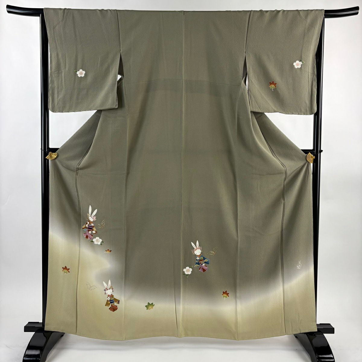 【美品】 付下 身長162.5cm 袖長65cm M 雙層 ホリヒロシ 落款あり 兔子櫻花金銀彩漸層灰綠純蠶絲逸品級