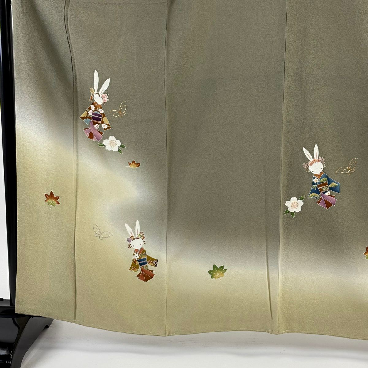 【美品】 付下 身長162.5cm 袖長65cm M 雙層 ホリヒロシ 落款あり 兔子櫻花金銀彩漸層灰綠純蠶絲逸品級