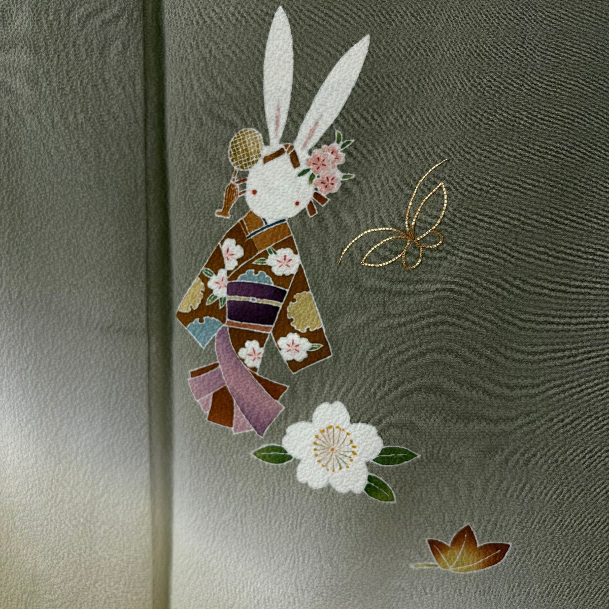 【美品】 付下 身長162.5cm 袖長65cm M 雙層 ホリヒロシ 落款あり 兔子櫻花金銀彩漸層灰綠純蠶絲逸品級
