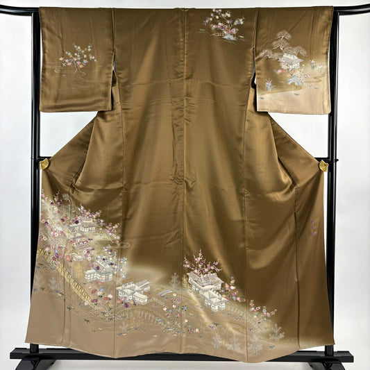 訪問服 身長156cm 袖長64cm M 雙層 帝王紫 落款あり 草花紋紋 建物 金金箔 金銀彩 茶 純蠶絲 逸品級