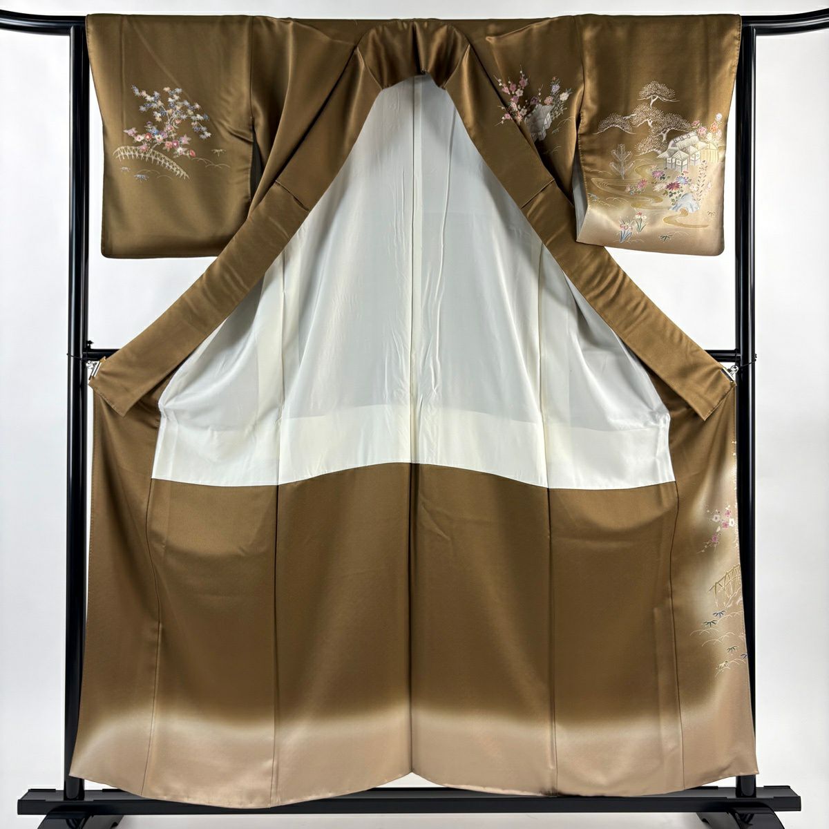 訪問服 身長156cm 袖長64cm M 雙層 帝王紫 落款あり 草花紋紋 建物 金金箔 金銀彩 茶 純蠶絲 逸品級