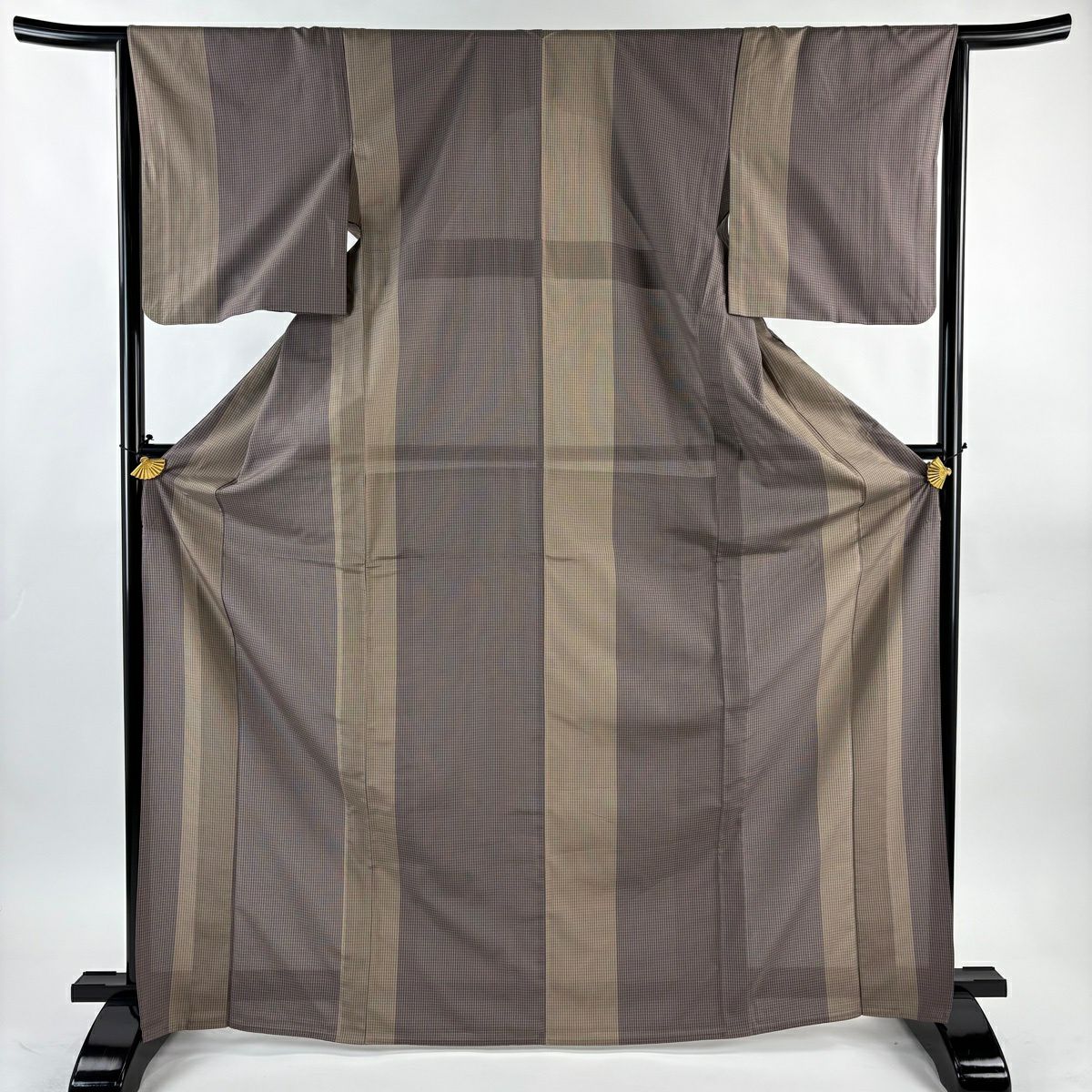 【美品】 紬織 身長170cm 袖長64.5cm M 薄物 格子 茶紫 純蠶絲 逸品級