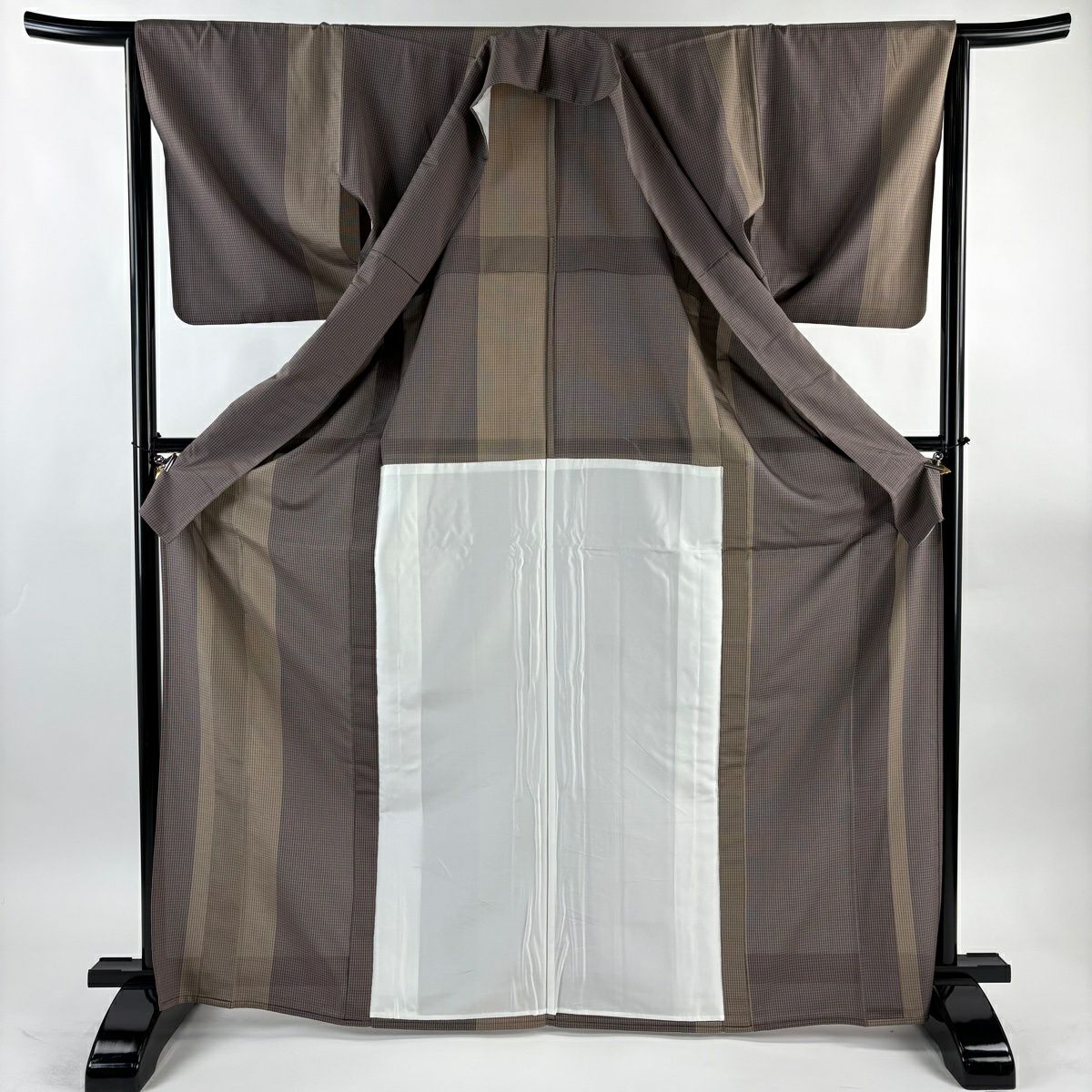 【美品】 紬織 身長170cm 袖長64.5cm M 薄物 格子 茶紫 純蠶絲 逸品級