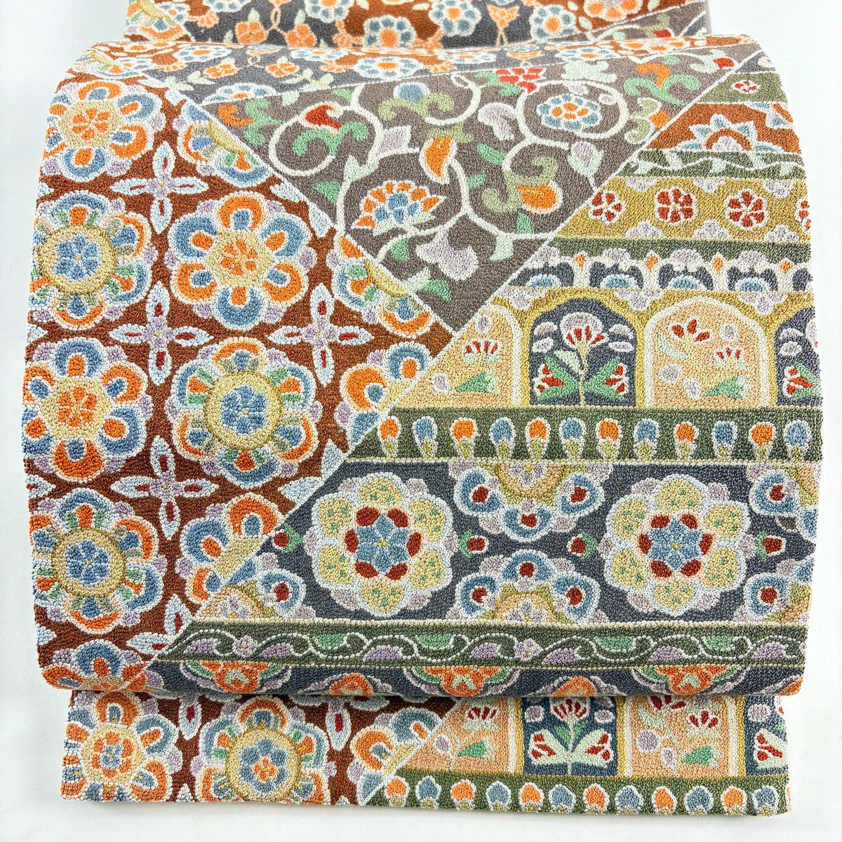 【美品】 袋帶 逸品級 華紋 裂取 相良刺繡 金絲 灰綠 六通 純蠶絲
