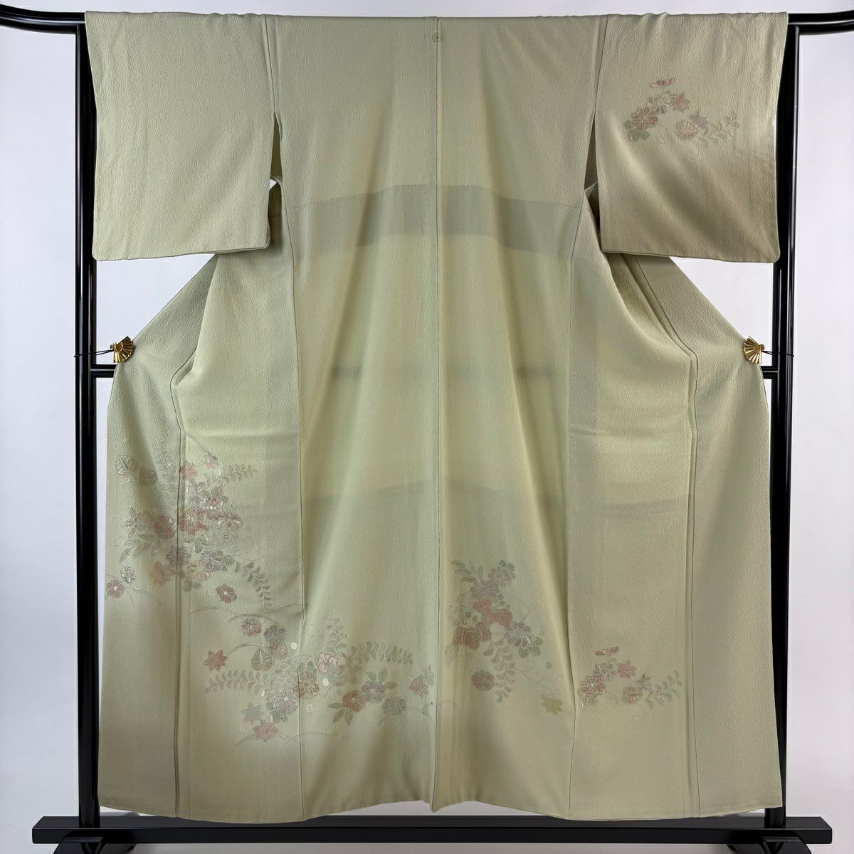 【美品】 付下 身長153.5cm 袖長65cm M 雙層 扇子面 草花紋紋 刺繡 漸層 抹茶 純蠶絲 秀品級 一つ紋