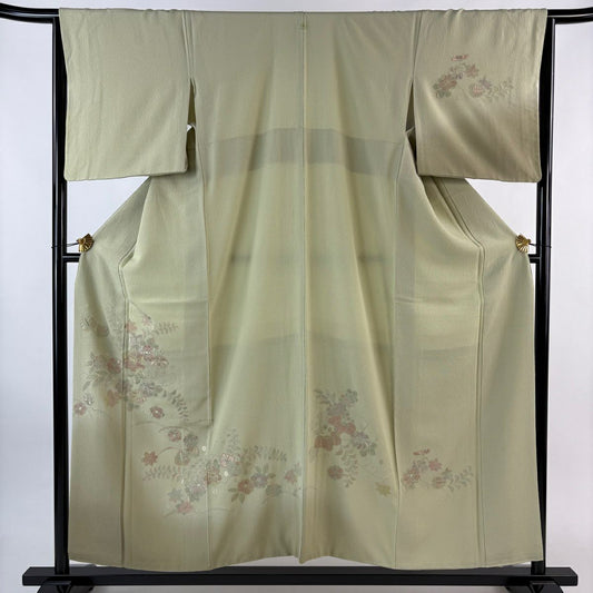 【美品】 付下 身長153.5cm 袖長65cm M 雙層 扇子面 草花紋紋 刺繡 漸層 抹茶 純蠶絲 秀品級 一つ紋