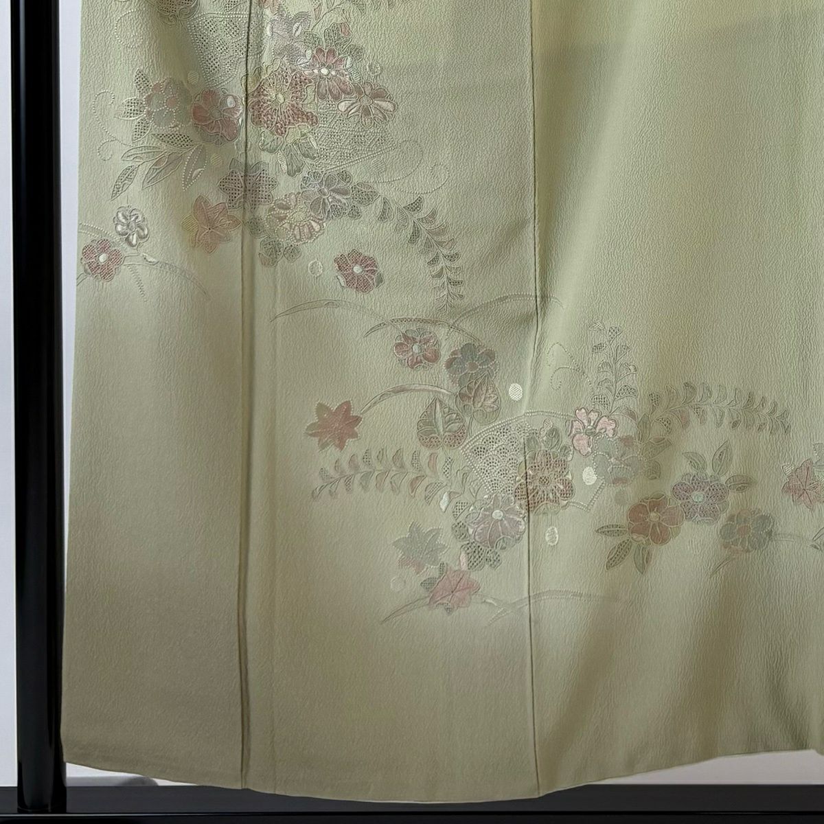 【美品】 付下 身長153.5cm 袖長65cm M 雙層 扇子面 草花紋紋 刺繡 漸層 抹茶 純蠶絲 秀品級 一つ紋