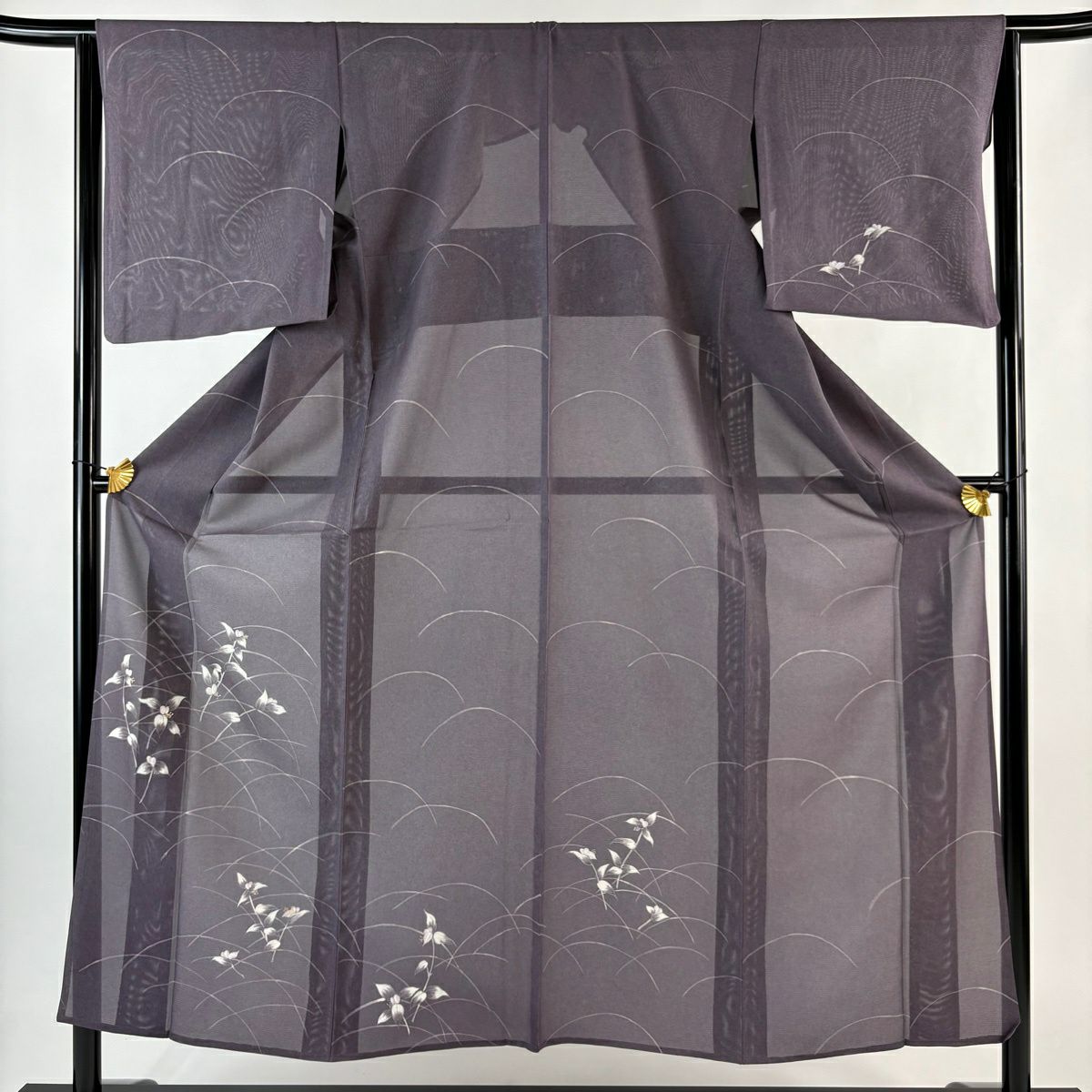 付下 身長153cm 袖長64cm M 薄物 絽 草花紋紋 芝 金銀彩 刺繡 灰紫 純蠶絲 優品級