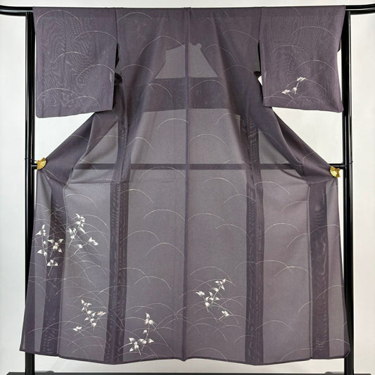 付下 身長153cm 袖長64cm M 薄物 絽 草花紋紋 芝 金銀彩 刺繡 灰紫 純蠶絲 優品級
