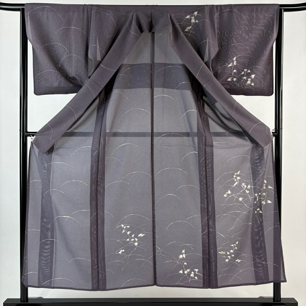 付下 身長153cm 袖長64cm M 薄物 絽 草花紋紋 芝 金銀彩 刺繡 灰紫 純蠶絲 優品級