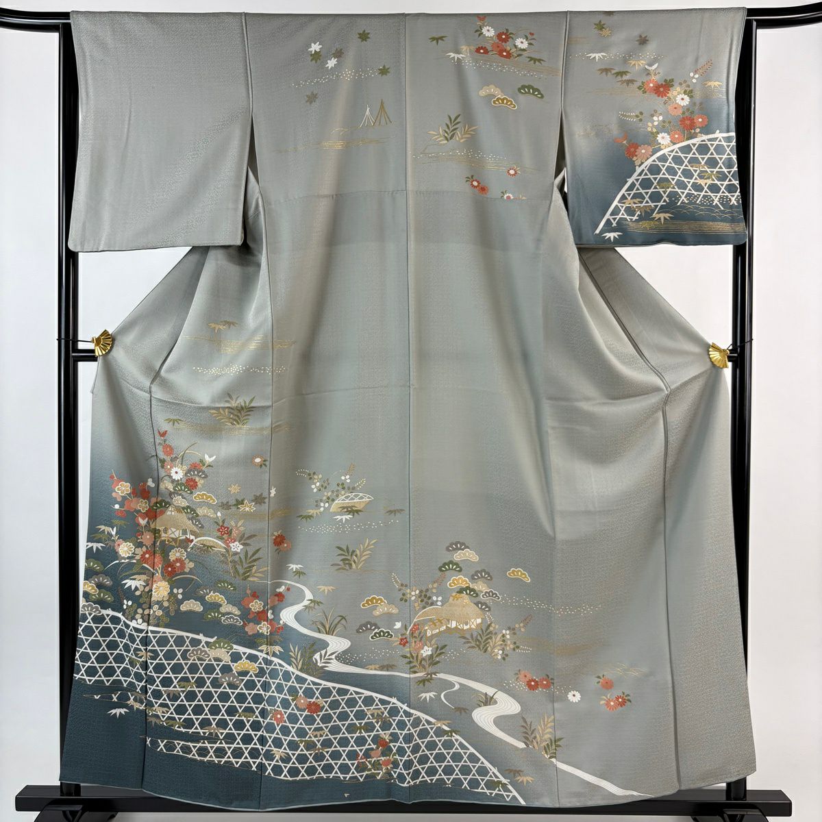 訪問服 身長158cm 袖長65cm M 雙層 松樹竹子梅花 建物 金銀彩 漸層 灰色 純蠶絲 秀品級