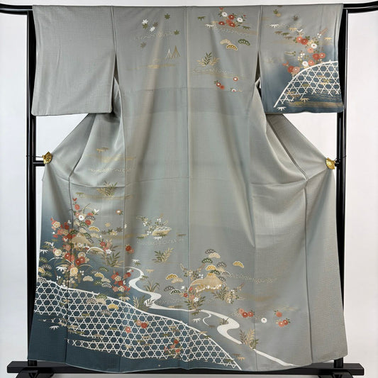 訪問服 身長158cm 袖長65cm M 雙層 松樹竹子梅花 建物 金銀彩 漸層 灰色 純蠶絲 秀品級
