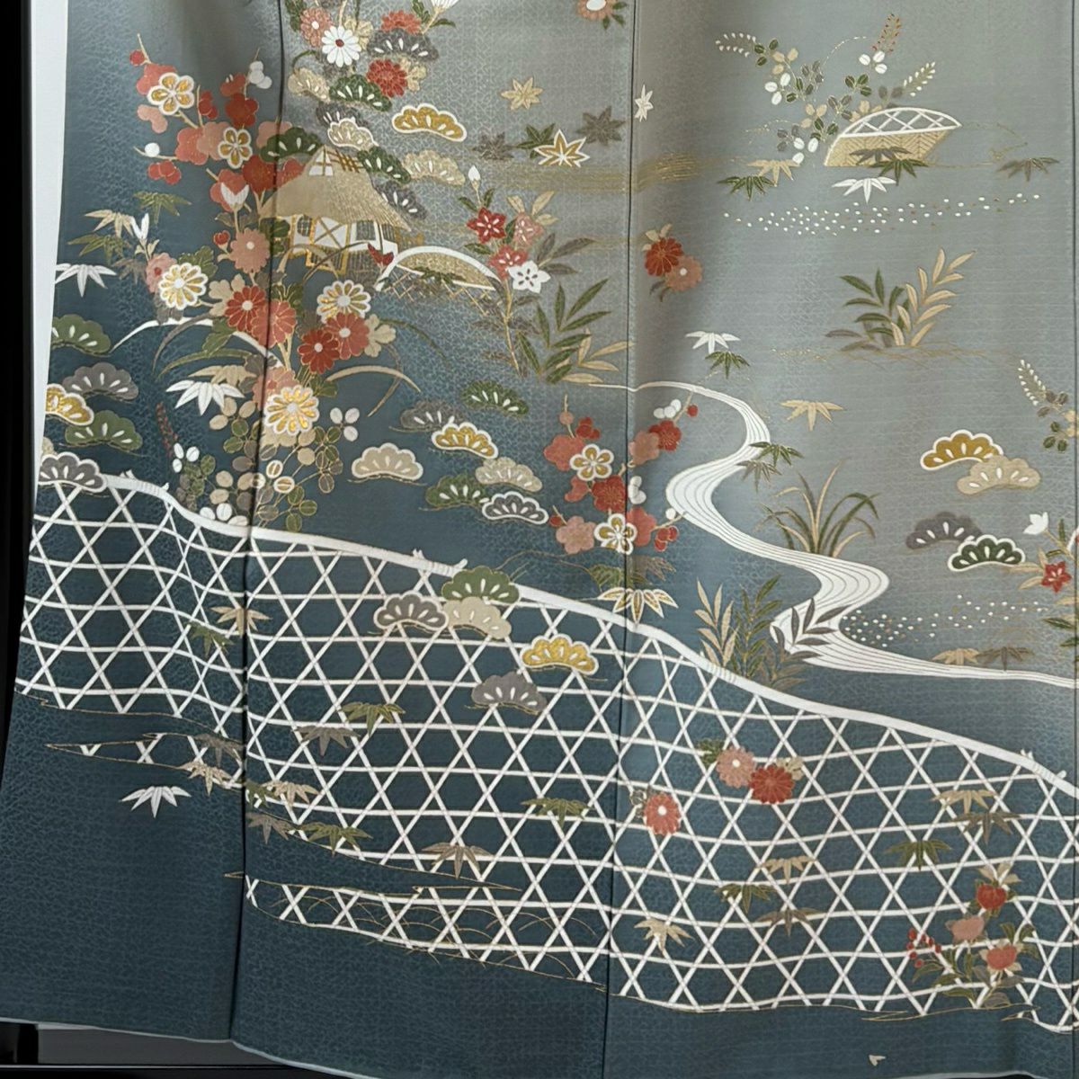 訪問服 身長158cm 袖長65cm M 雙層 松樹竹子梅花 建物 金銀彩 漸層 灰色 純蠶絲 秀品級