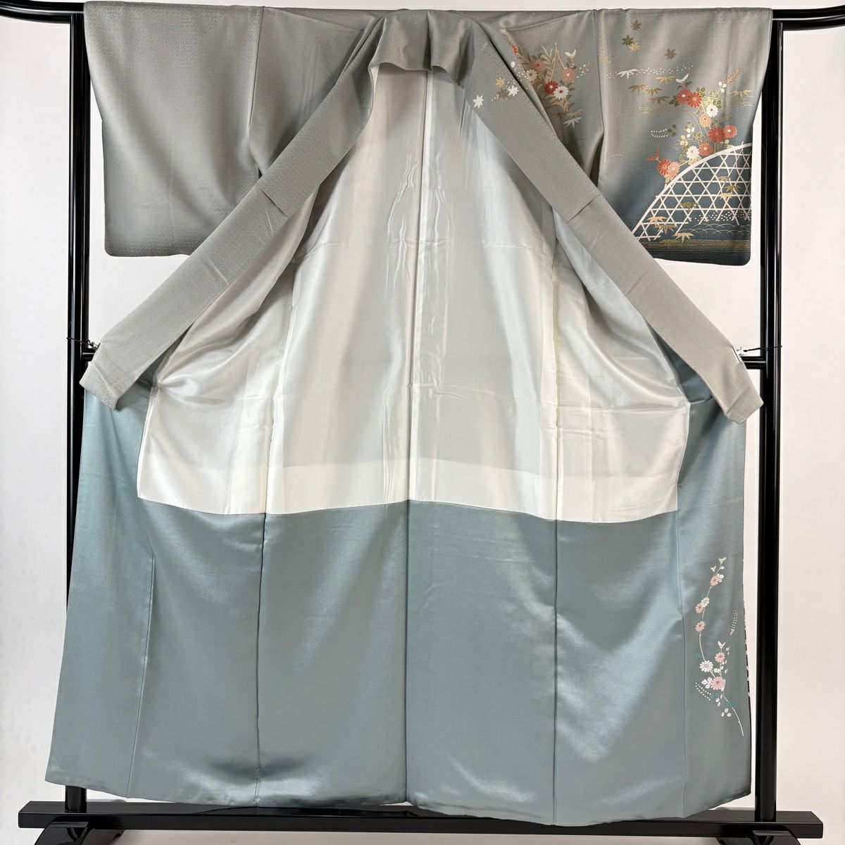 訪問服 身長158cm 袖長65cm M 雙層 松樹竹子梅花 建物 金銀彩 漸層 灰色 純蠶絲 秀品級