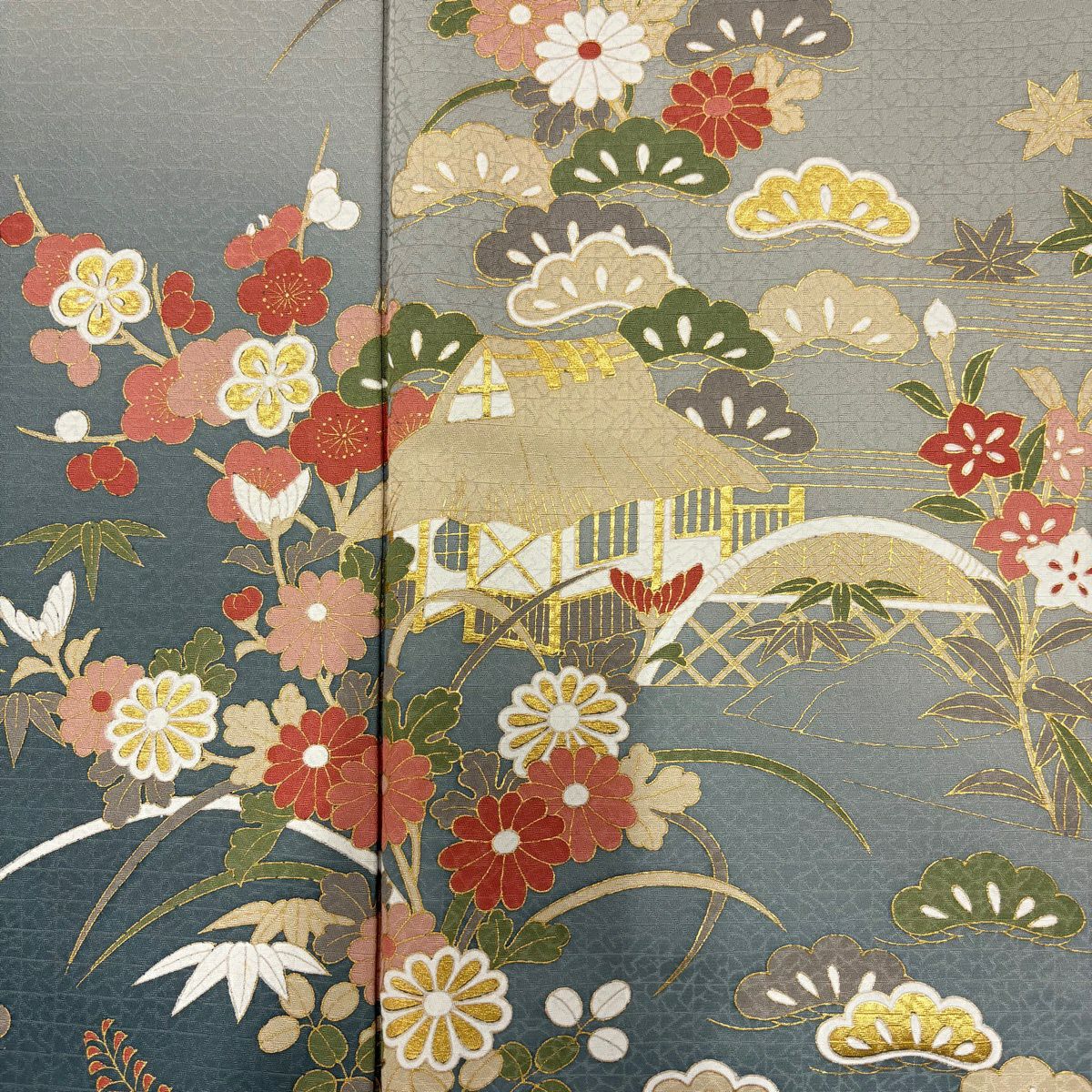 訪問服 身長158cm 袖長65cm M 雙層 松樹竹子梅花 建物 金銀彩 漸層 灰色 純蠶絲 秀品級