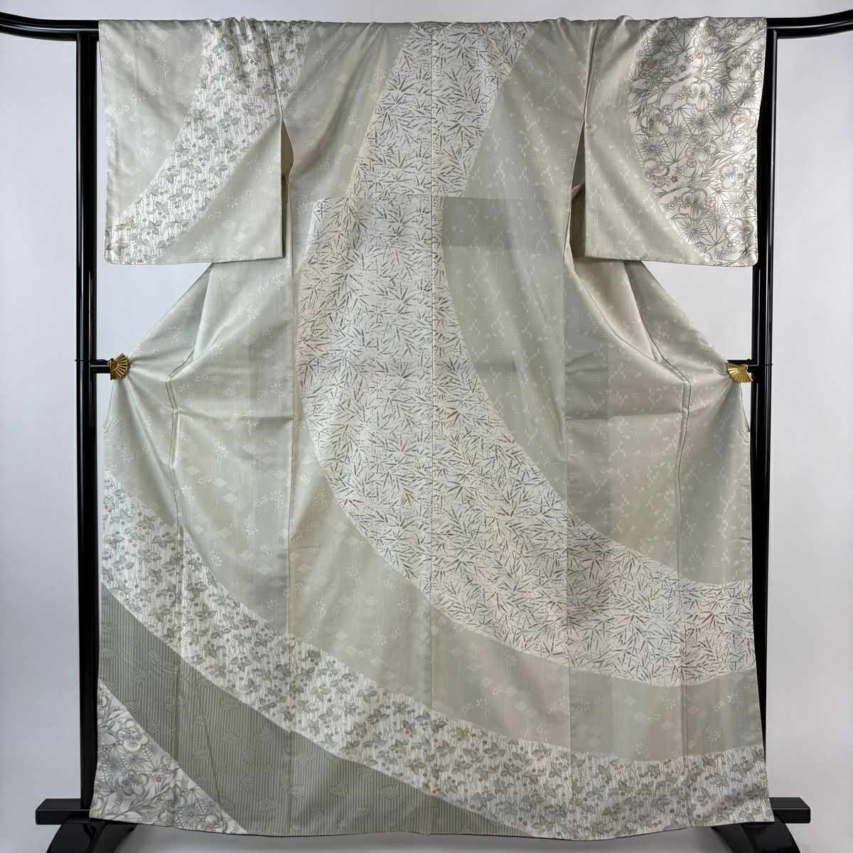 訪問服 身長164.5cm 袖長66.5cm M 雙層 紬織織 梅花 草花紋紋 灰綠 純蠶絲 秀品級