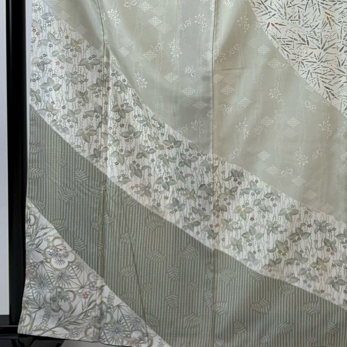 訪問服 身長164.5cm 袖長66.5cm M 雙層 紬織織 梅花 草花紋紋 灰綠 純蠶絲 秀品級
