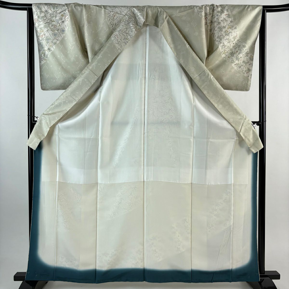 訪問服 身長164.5cm 袖長66.5cm M 雙層 紬織織 梅花 草花紋紋 灰綠 純蠶絲 秀品級