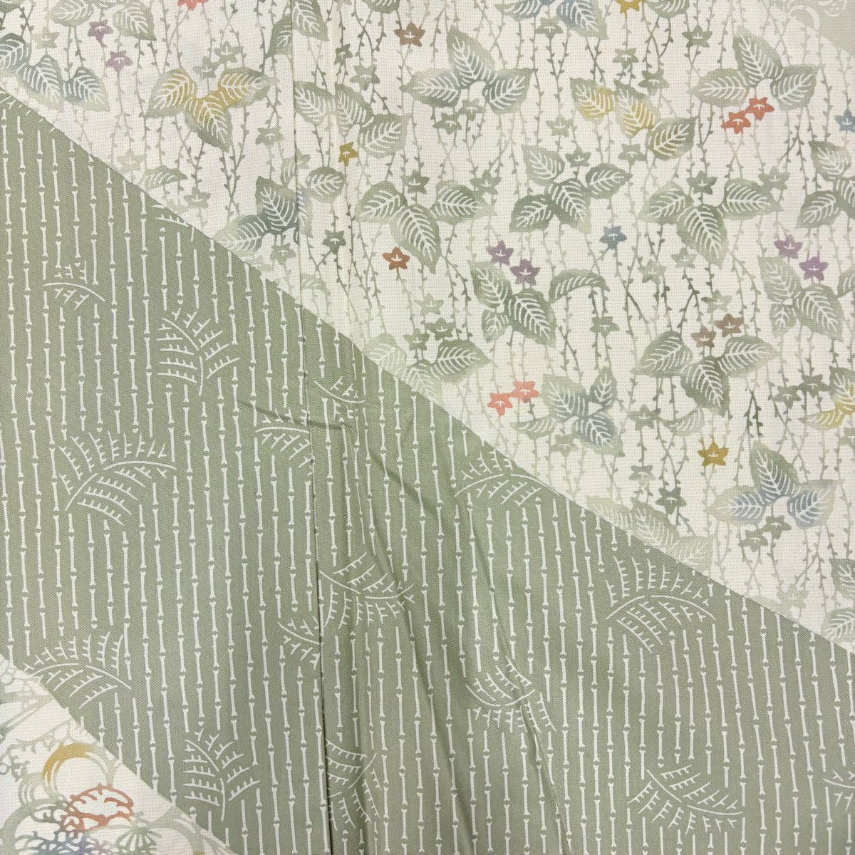訪問服 身長164.5cm 袖長66.5cm M 雙層 紬織織 梅花 草花紋紋 灰綠 純蠶絲 秀品級