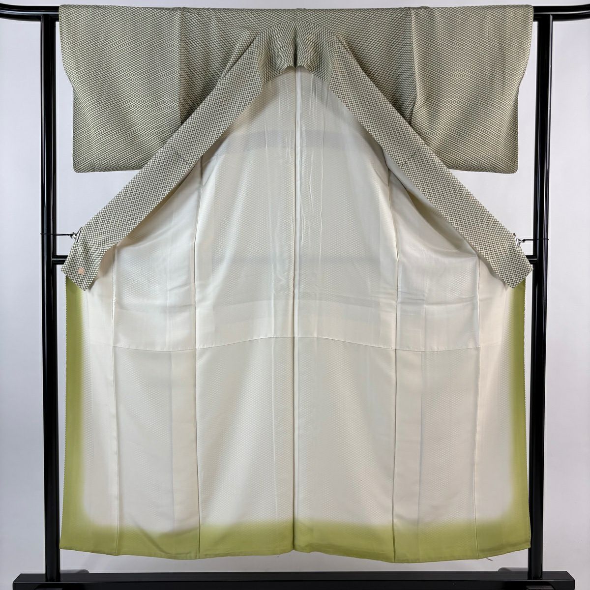 小紋 身長152.5cm 袖長62.5cm S 雙層 落款 斜格紋 綠 純蠶絲 秀品級