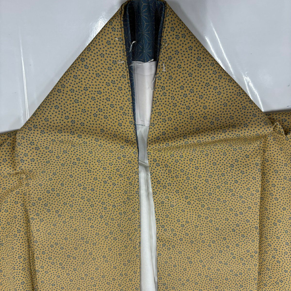 江戶小紋 身長161.5cm 袖長65cm M 雙層 小花 花瓣 淺黃土色 純蠶絲 優品級