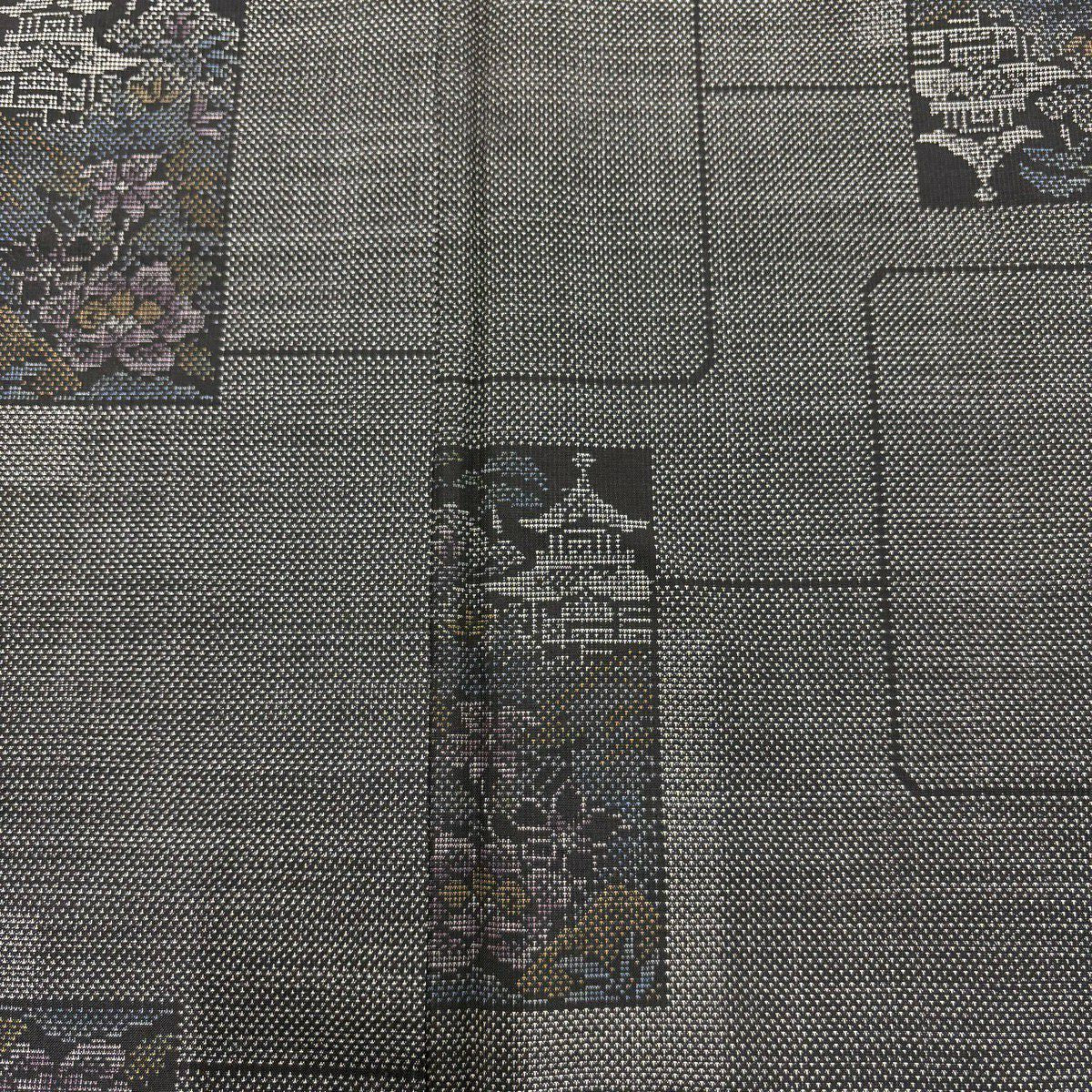 【美品】 大島紬織 身長155cm 袖長62.5cm S 雙層 證書在側 建物 草花紋紋 墨 黑 純蠶絲 優品級
