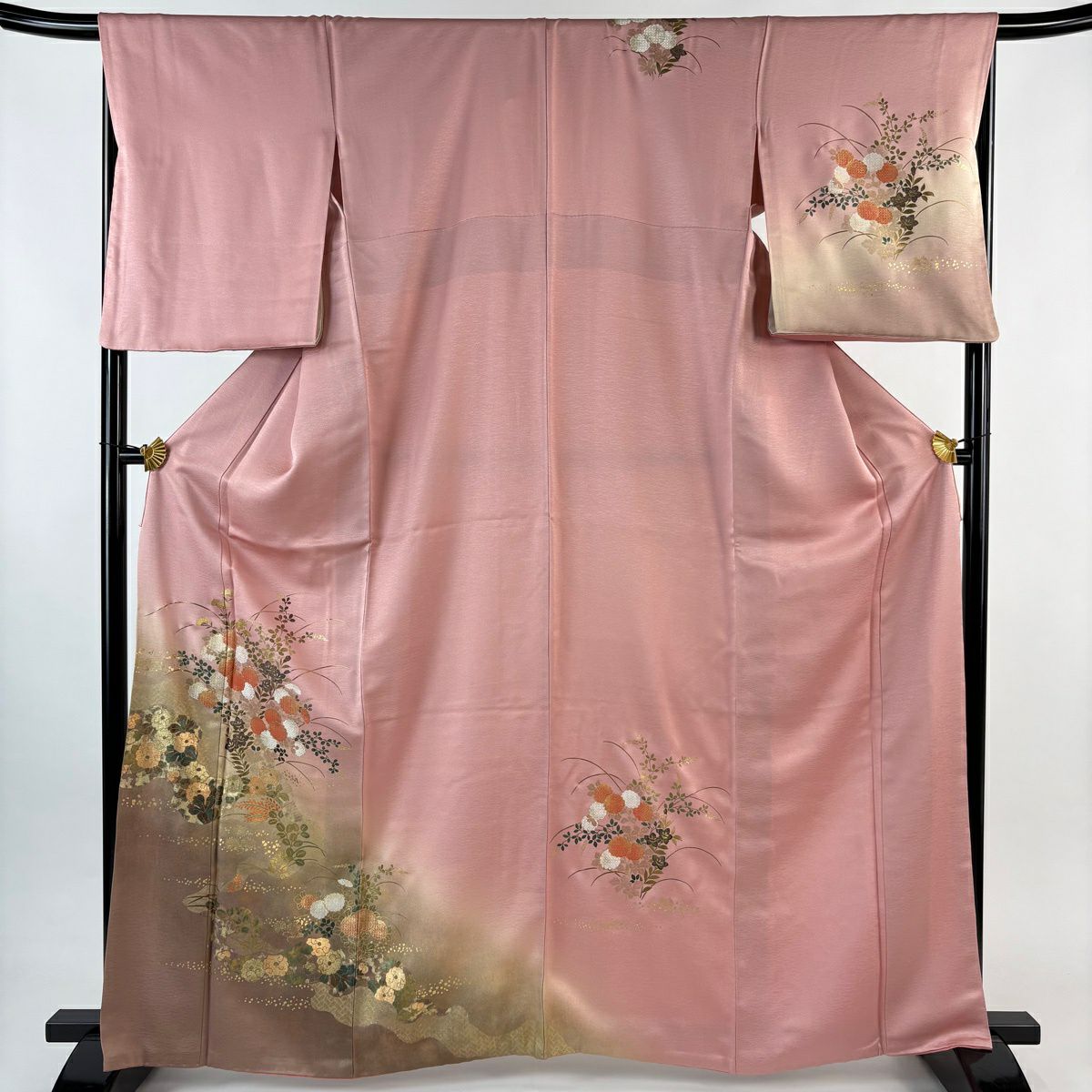 付下 身長162.5cm 袖長67.5cm L 雙層 秋草 若松樹 金銀彩 漸層 粉色 純蠶絲 優品級