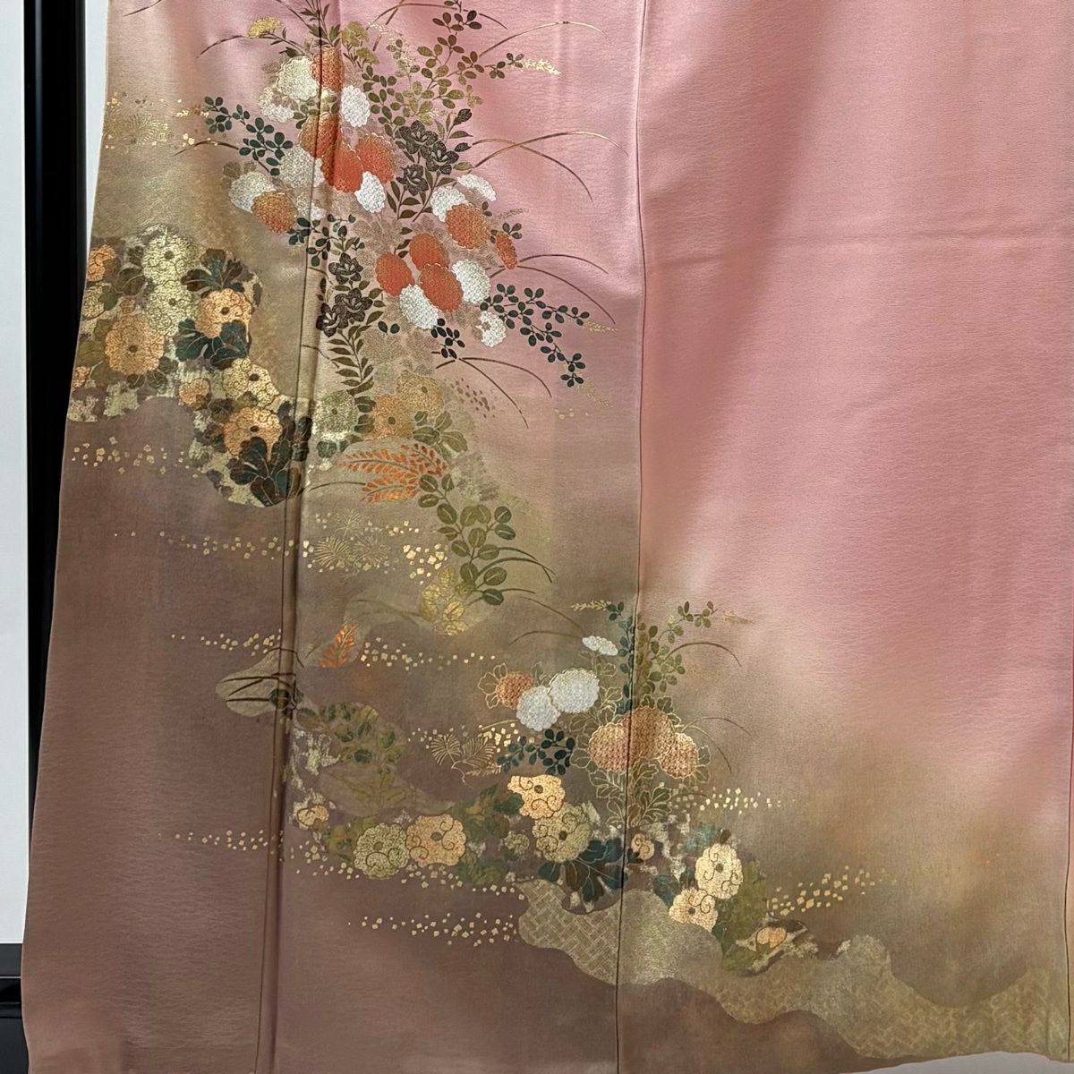 付下 身長162.5cm 袖長67.5cm L 雙層 秋草 若松樹 金銀彩 漸層 粉色 純蠶絲 優品級