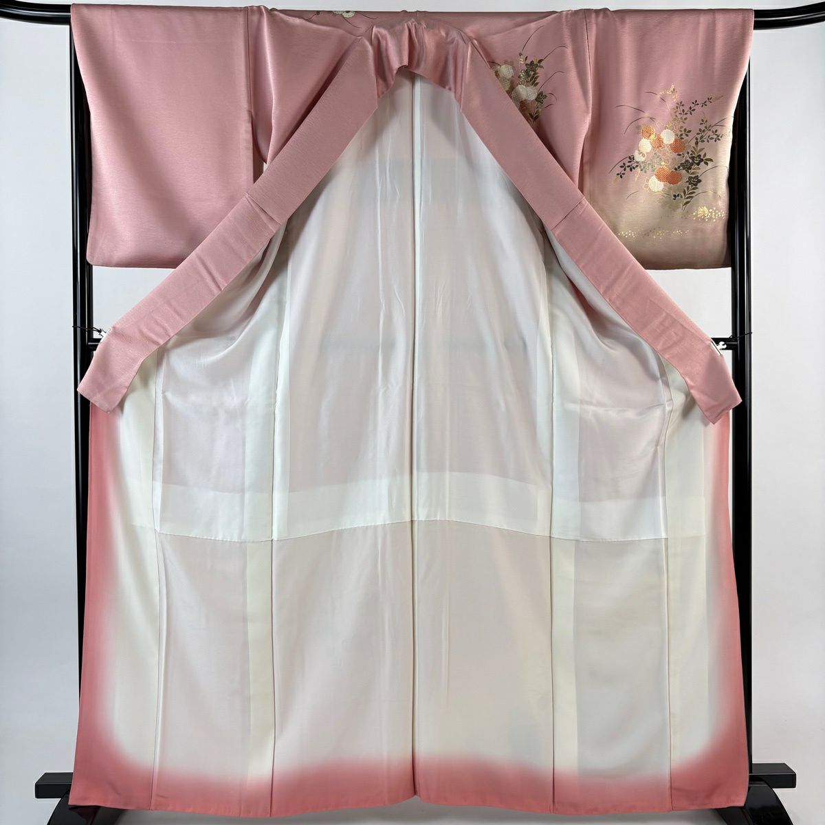 付下 身長162.5cm 袖長67.5cm L 雙層 秋草 若松樹 金銀彩 漸層 粉色 純蠶絲 優品級