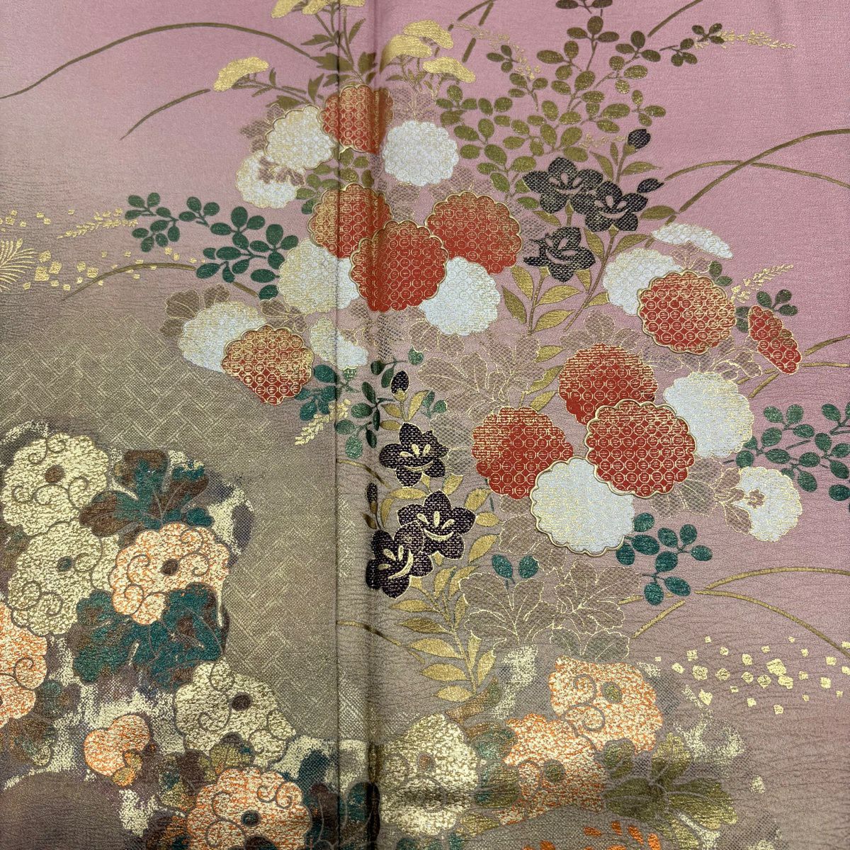 付下 身長162.5cm 袖長67.5cm L 雙層 秋草 若松樹 金銀彩 漸層 粉色 純蠶絲 優品級