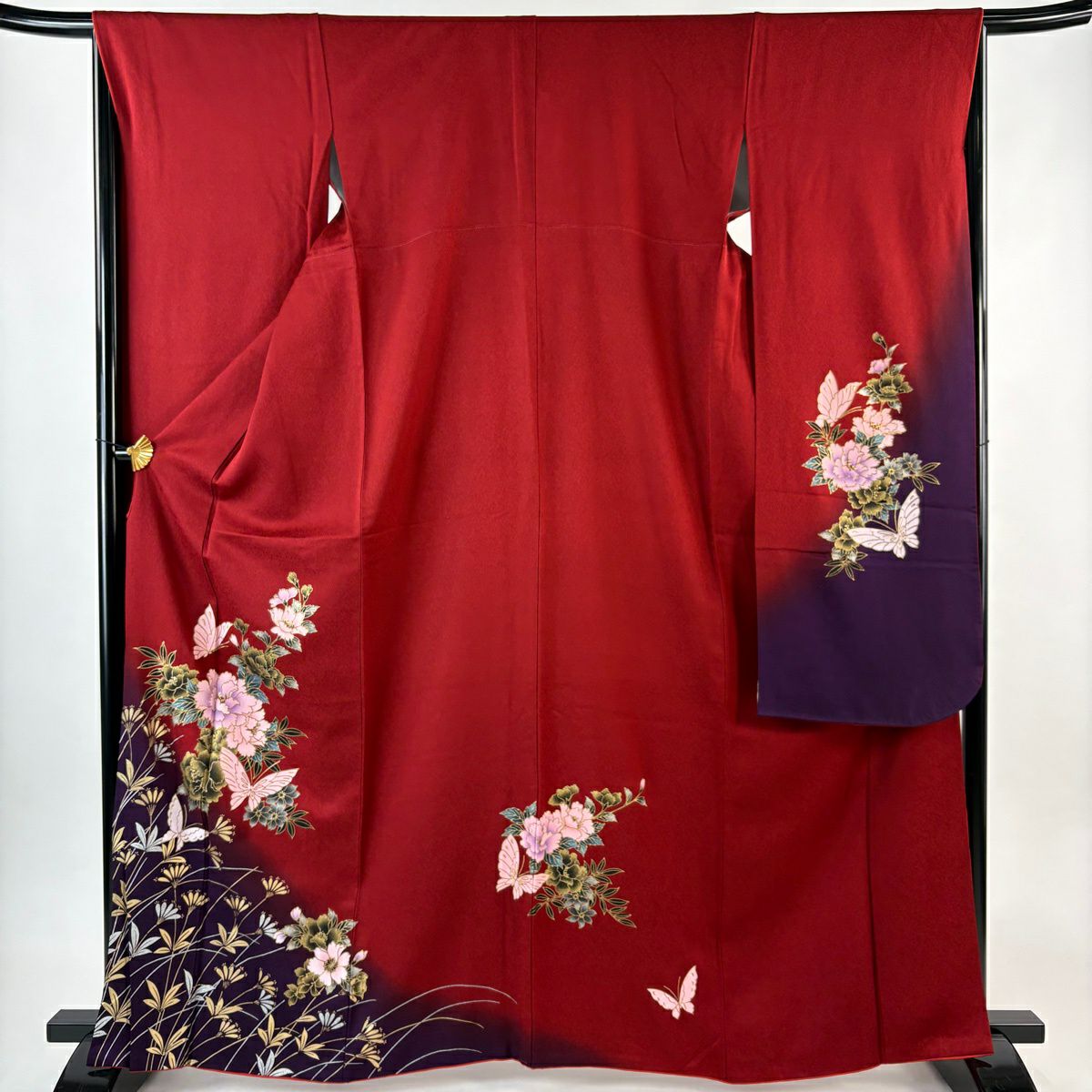 振袖禮服 身長165.5cm 袖長66.5cm M 雙層 牡丹 蝶 金銀彩 染分 紅 純蠶絲 秀品級