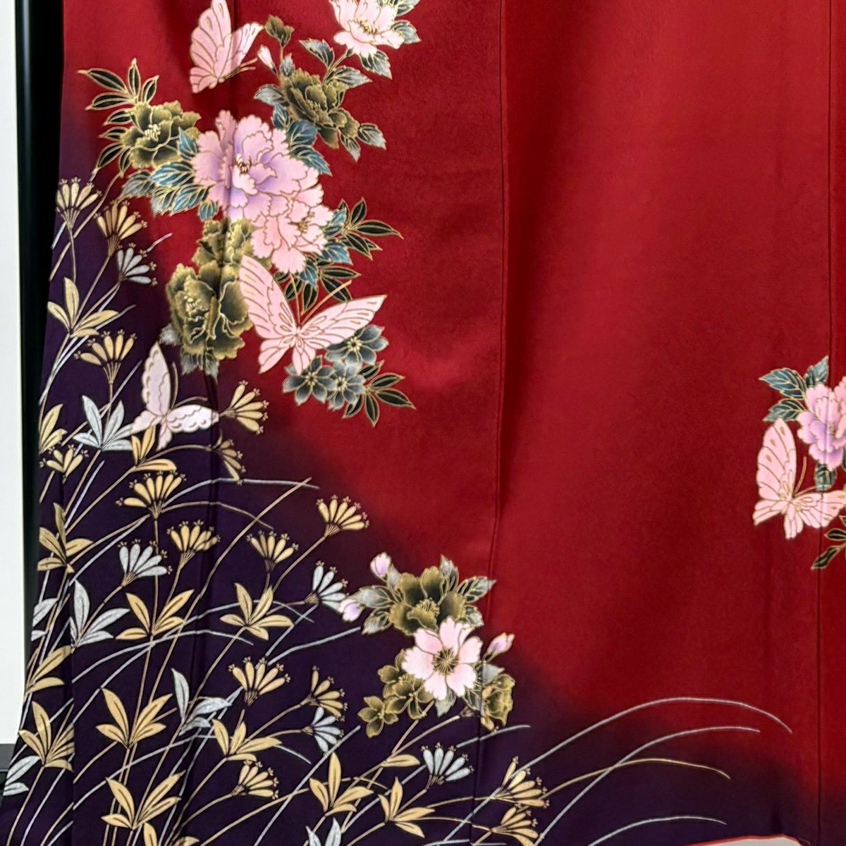 振袖禮服 身長165.5cm 袖長66.5cm M 雙層 牡丹 蝶 金銀彩 染分 紅 純蠶絲 秀品級