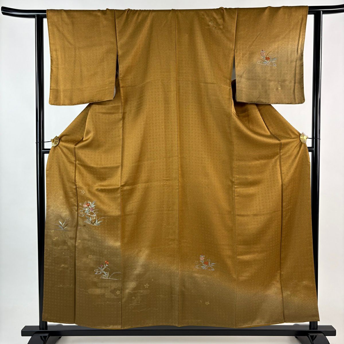 付下 身長157cm 袖長62.5cm S 雙層 草花紋紋 流水 金銀彩 刺繡 茶 純蠶絲 秀品級