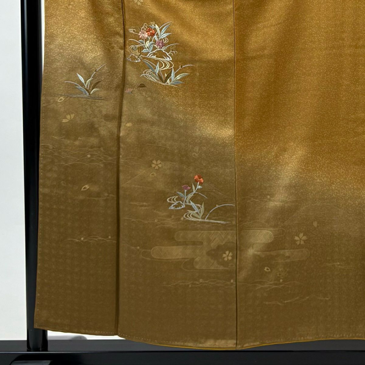 付下 身長157cm 袖長62.5cm S 雙層 草花紋紋 流水 金銀彩 刺繡 茶 純蠶絲 秀品級