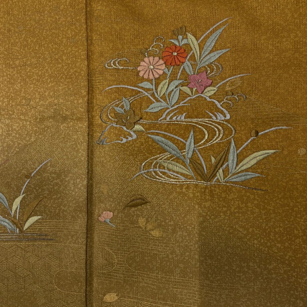 付下 身長157cm 袖長62.5cm S 雙層 草花紋紋 流水 金銀彩 刺繡 茶 純蠶絲 秀品級
