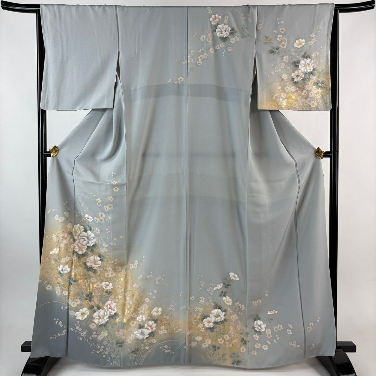 訪問服 身長165.5cm 袖長65.5cm M 雙層 草花紋紋 金銀彩 漸層 灰色 純蠶絲 優品級