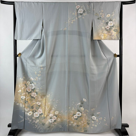 訪問服 身長165.5cm 袖長65.5cm M 雙層 草花紋紋 金銀彩 漸層 灰色 純蠶絲 優品級