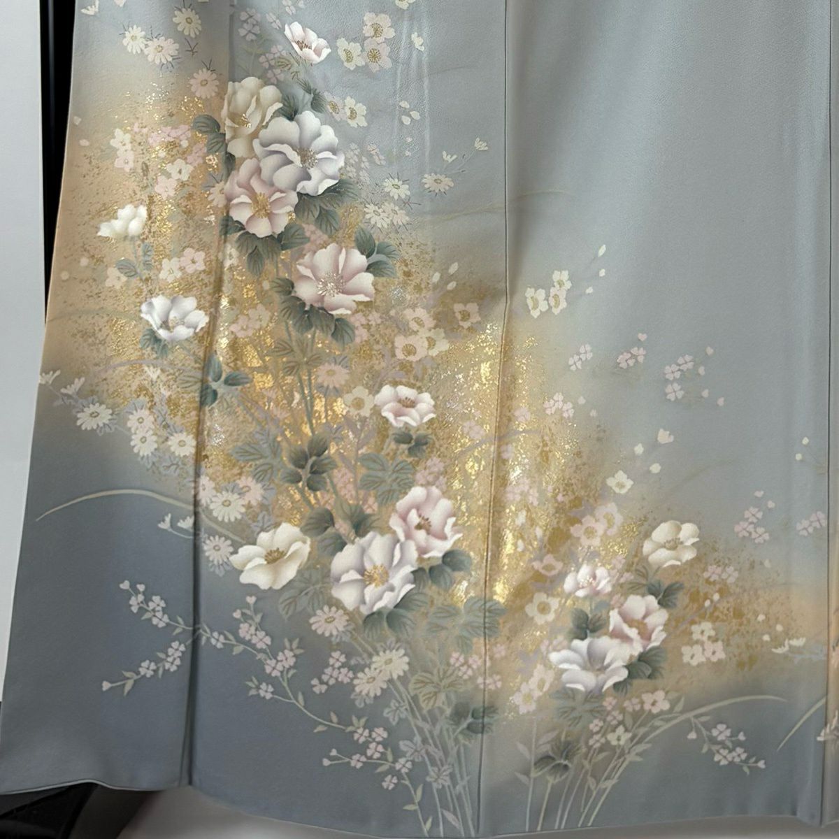 訪問服 身長165.5cm 袖長65.5cm M 雙層 草花紋紋 金銀彩 漸層 灰色 純蠶絲 優品級