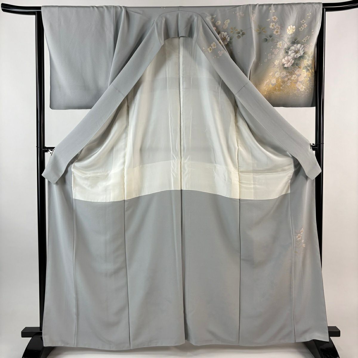 訪問服 身長165.5cm 袖長65.5cm M 雙層 草花紋紋 金銀彩 漸層 灰色 純蠶絲 優品級