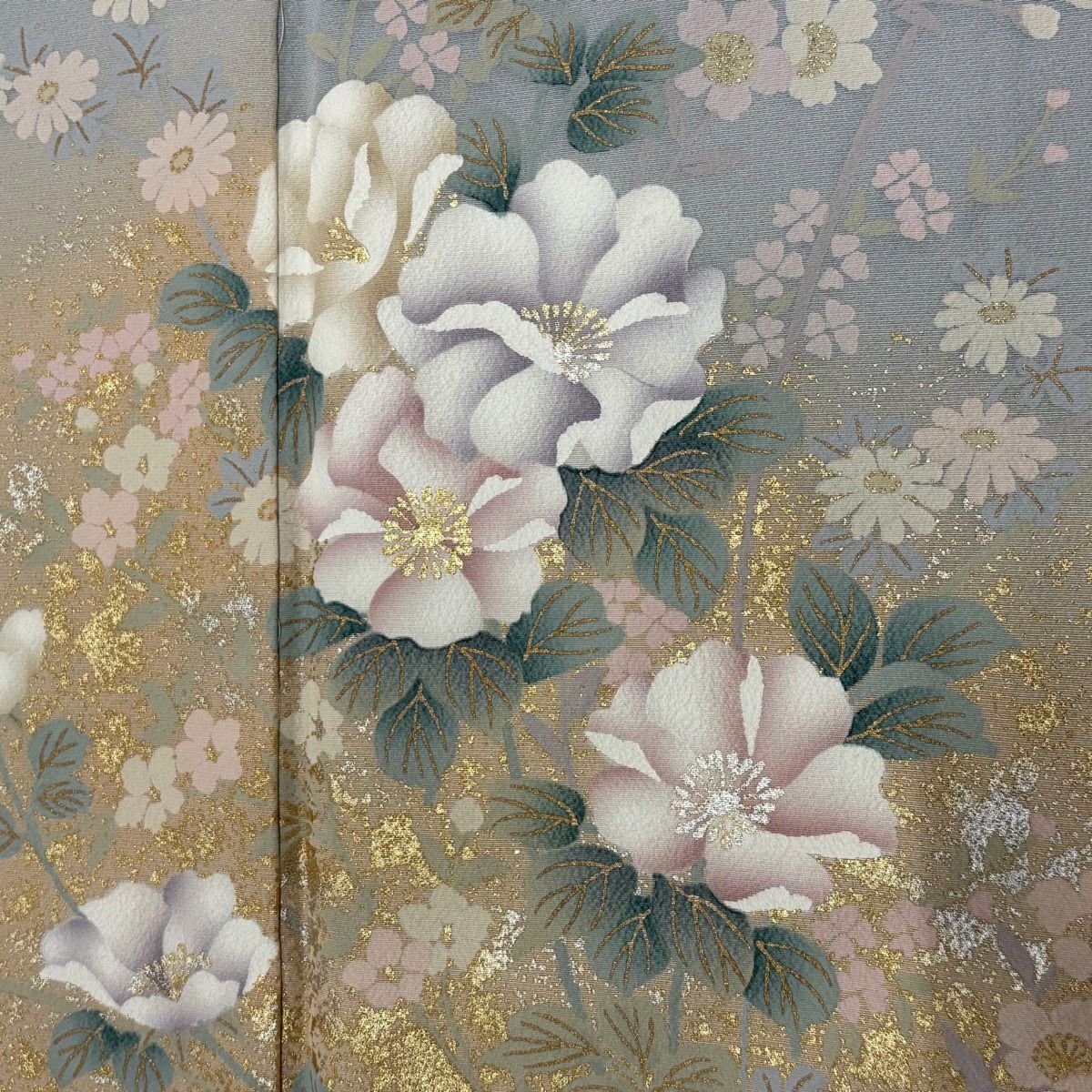 訪問服 身長165.5cm 袖長65.5cm M 雙層 草花紋紋 金銀彩 漸層 灰色 純蠶絲 優品級
