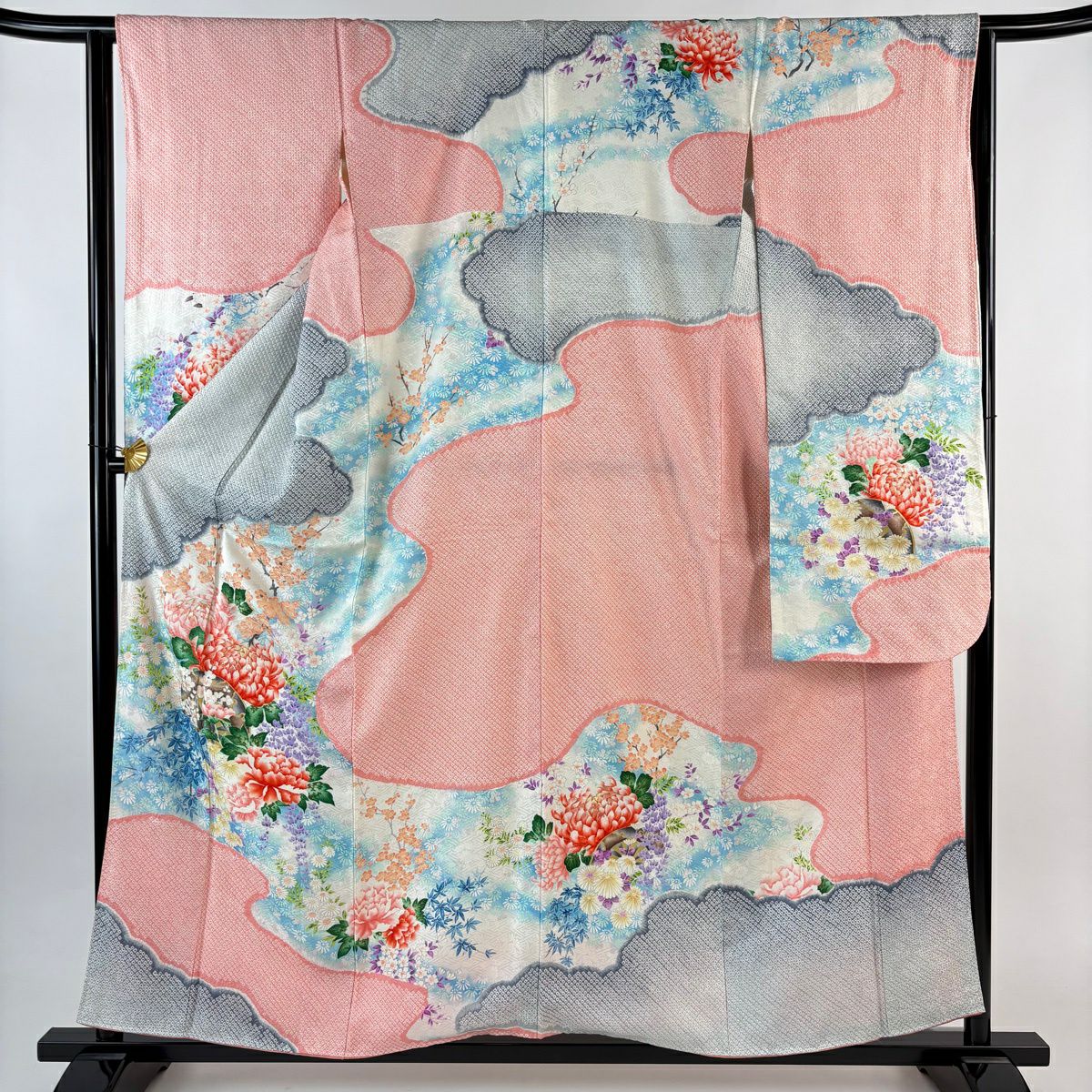 振袖禮服 身長158.5cm 袖長64.5cm M 雙層 牡丹 草花紋紋 金糸 絞染 奶油色 純蠶絲 秀品級