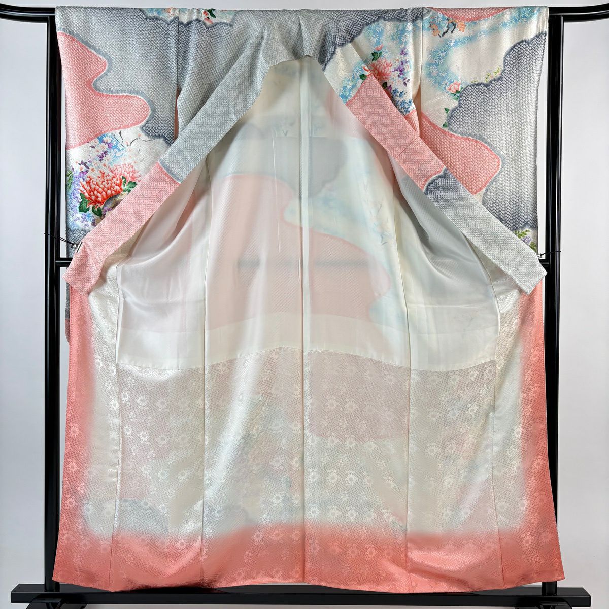 振袖禮服 身長158.5cm 袖長64.5cm M 雙層 牡丹 草花紋紋 金糸 絞染 奶油色 純蠶絲 秀品級
