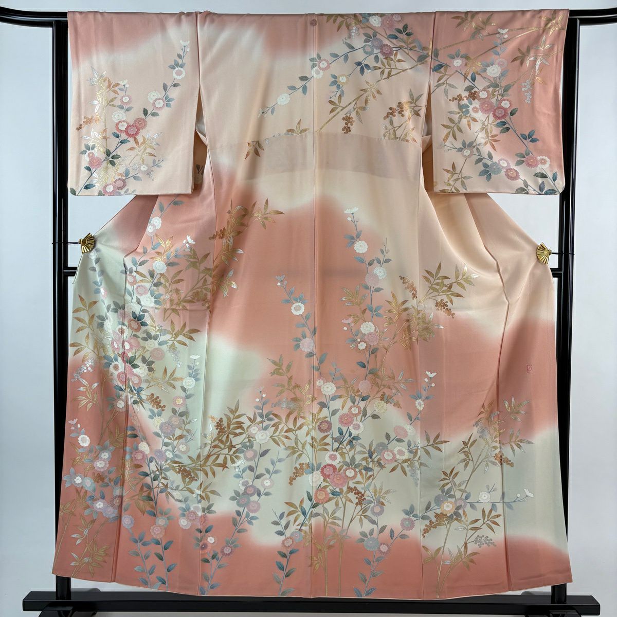 訪問服 身長158cm 袖長64.5cm M 雙層 落款 草花紋紋 葉與實 金銀彩 漸層 粉紅 純蠶絲 優品級 一個紋