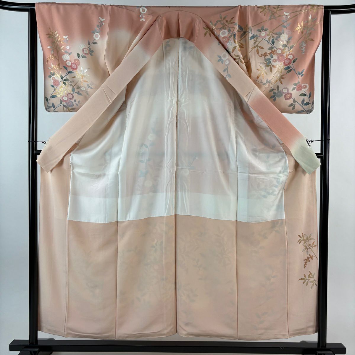 訪問服 身長158cm 袖長64.5cm M 雙層 落款 草花紋紋 葉與實 金銀彩 漸層 粉紅 純蠶絲 優品級 一個紋