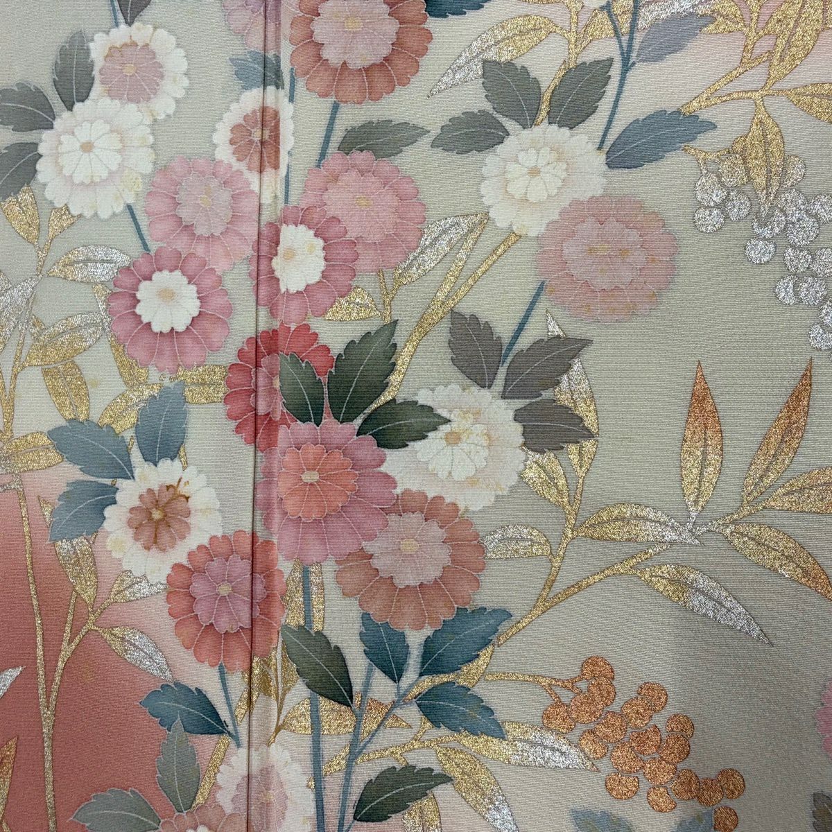 訪問服 身長158cm 袖長64.5cm M 雙層 落款 草花紋紋 葉與實 金銀彩 漸層 粉紅 純蠶絲 優品級 一個紋