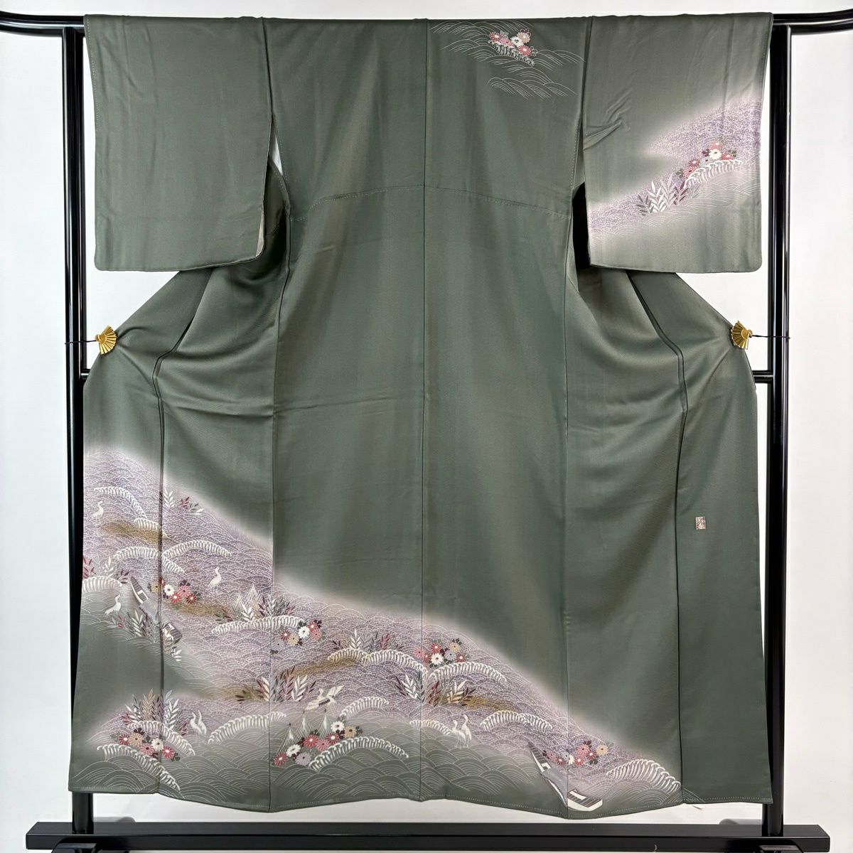 訪問服 身長154.5cm 袖長64cm M 雙層 落款あり 舟 花鳥 金糸 刺繡 灰綠 純蠶絲 秀品級